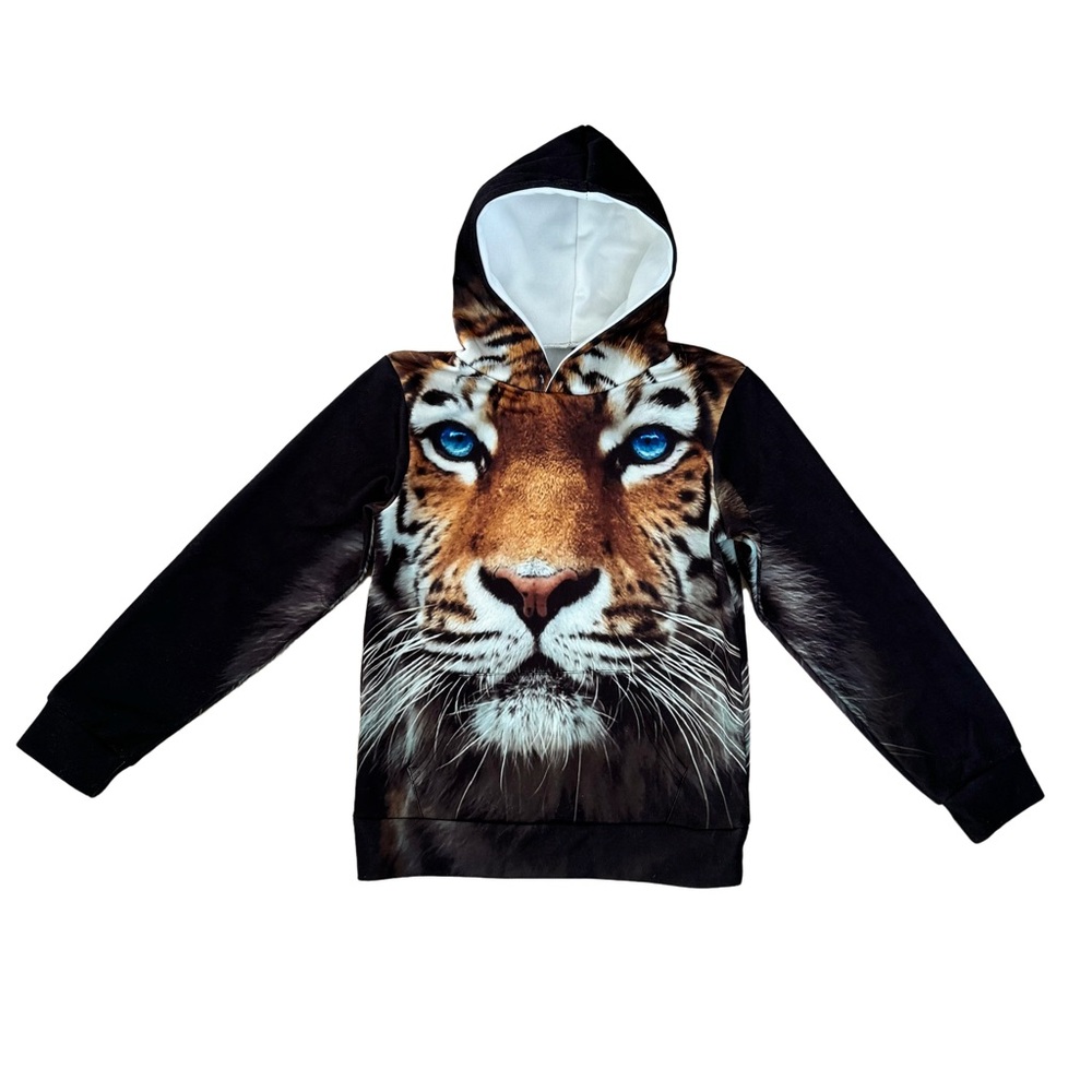Tiger Face 3D Printed Black Boys Hoodie Sweatshirt Kids Long Sleeve Tops Size S